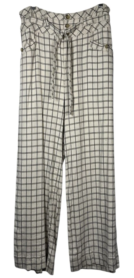By Anthropologie Sz 10 Pants Wide Leg Windowpane Trousers Check Cream Black Tie - Image 1 of 4