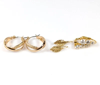 Золотой тон CrissCross обруч серьги тройной со стразами Huggies лист подвеской 3шт лот - Изображение 1 из 4