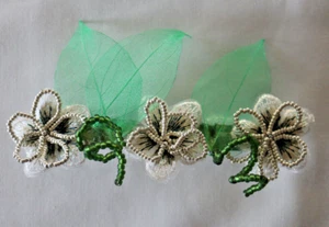 BARRETTE HAIR CLIP HAND BEADED OVER EMBROIDERED SILVER/WHITE FLOWERS 5" - Picture 1 of 2