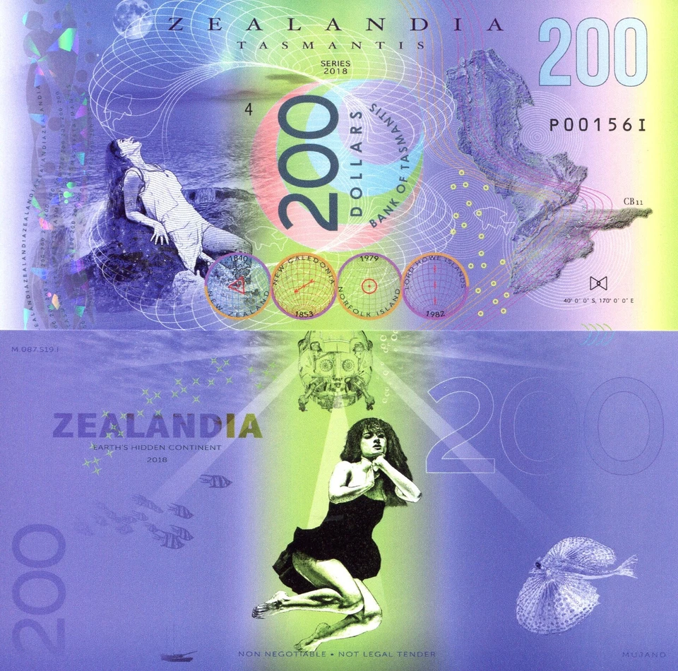 Mujand 200$,Zealandia polymer fan banknote,private issue,hidden continent 2018 - Image 1 of 1
