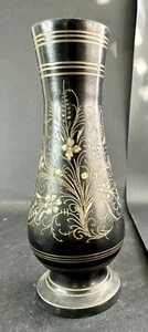 Messing schwarz Metall Vase 7" hoch handgraviert emailliert Vintage Made in India - Bild 1 von 7