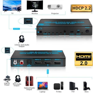 HDMI Switch With Audio 4K 60Hz HDMI2.0b 3 in 1 out Switcher Extractor 1080P 720P - Foto 1 di 17
