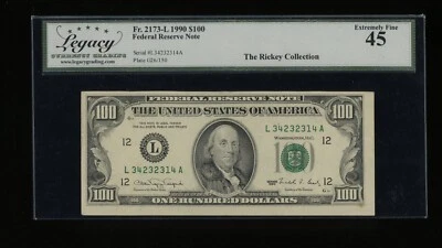 DBR 1990 $100 FRN San Francisco Fr. 2173-L Legacy 45 Serial L34232314A - Image 1 of 2