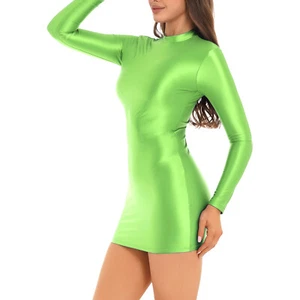 Womens Mock Neck Mini Party Dresses Shinny Oil Solid Color Micro Bandage Dress - Picture 1 of 175