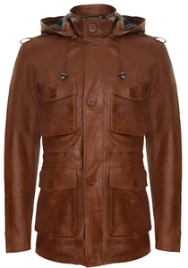 Men's Tan Leather Jacket Classic Hooded Trench Mid Length Multi-Pocket Overcoat - Picture 1 of 5