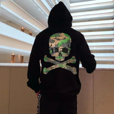 Fashion Skull Rhinestone Hot Drill Diamond Winter Hoodie Men Luxury Sweatshirt - Image 1 of 4