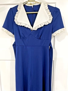 VTG Prairie Style Dress Sz 11 Bright Navy&White Eyelet Lace Collar & Trim Modest - Picture 1 of 22