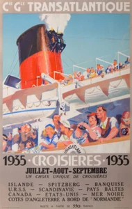 BRENET CIE GLE TRANSATLANTIQUE NORMANDIE CROISIERES 1935 VINATGE POSTER - Picture 1 of 1