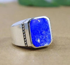 Solid 925 Sterling Silver Natural Blue Lapis Lazuli Gemstone Signet Men's Ring - Picture 1 of 11