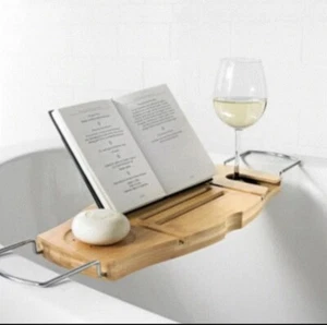 Bamboo Bathtub Caddy Tray Wine Book Tablet Phone Soap Holder Wire Handles - Picture 1 of 2