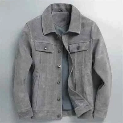 Handmade Stylish Leather Trucker Jacket Men Gray Pure Suede Shirt Button Party - Image 1 of 4