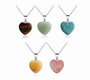 Necklace Love Heart Pendant Gemstone Healing Natural Stone Polished Crystal - Picture 1 of 16