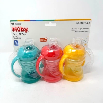 Taza Entrenadora de Caño Suave Nuby Grip N’ Sip Sin Derrame 4M+ Paquete de 3 Coral Aqua Amarillo Foto 1 de 3