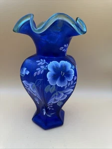 Fenton Glass 1998 Cobalt Blue 75th Anniversary Vase Signed & Hand Painted - Picture 1 of 8
