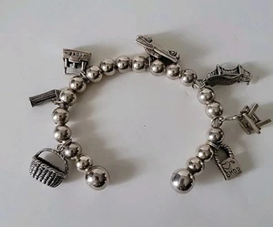 Vintage Sterling Silver Beaded Cuff Charm Bracelet 7 Travel Charms 40g - Bild 1 von 18
