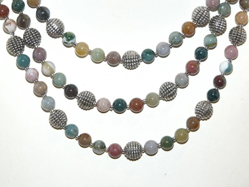 Collier plastron 3 rangs en pierre véritable d'agate indienne multicolore UNIQUE - Photo 1/4