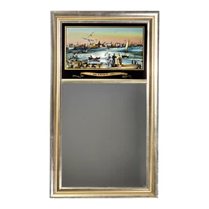 Eglomise Reverse Painted Glass & Mirror Historic Detroit Waterfront City Skyline - Picture 1 of 12