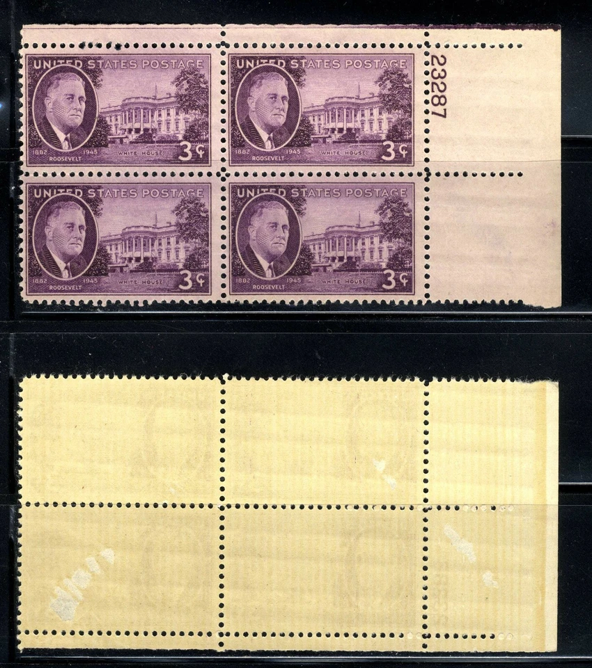 1945 Scott # 932  3c Purple Franklin Roosevelt Issue  Plate block of 4  MNH OG - Image 1 of 1