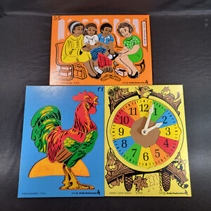Judy Instructo Vintage Wooden Puzzle Lot 1970s Time Clock Shoe Salesman Rooster