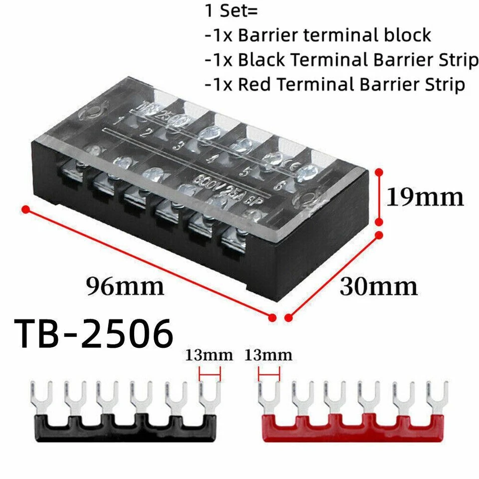 Dual Row 6 Position Screw Terminal Electric Barrier Strip Block 600V 25A - Image 1 of 2