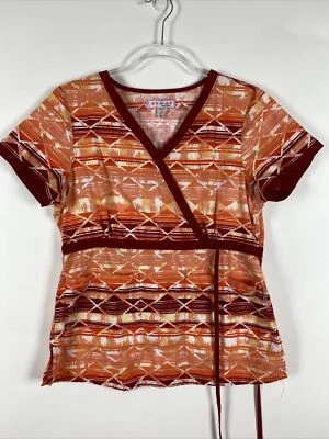 Koi Scrub Top Size M Red Orange Geometric 115PR Kathryn Nursing Medical Uniform - Image 1 of 4