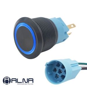 Switch Push Button Latching Black ON/OFF 12V 19mm NO/NC IP67 BLUE LED RING