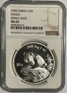 China 1999 silver Panda Coin, 10 Yuan 1 OZ, NGC ms 69 small date - Picture 1 of 3
