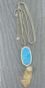 NWT Kendra Scott Bronze Turquoise Rayne Pendant Necklace Gold Plat. Chain Tassel - Picture 1 of 11