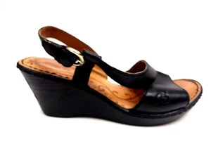 Ladies Born Sorine Wedge Heeled Sandal Shoe Black Leather US 6 M - Picture 1 of 9