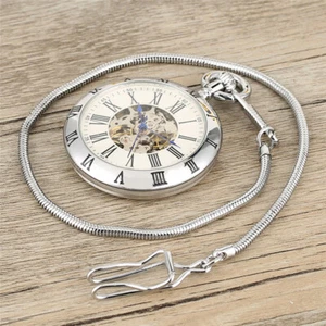 Silver Skeleton Automatic Mechanical Pocket Watch Waist Chain for Men Women Gift - Picture 1 of 6
