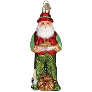 Old World Christmas FLY FISHING SANTA (40209) Glass Ornament w/ OWC Box - Picture 1 of 7