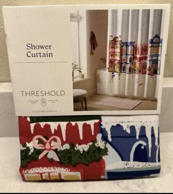 НОВАЯ пороговая занавеска для душа зимняя сцена город деревня рождественский праздник снег - Изображение 1 из 4