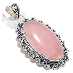 Natural Rose Quartz Gemstone 925 Sterling Silver Pendant 2.9" F669 - Picture 1 of 7