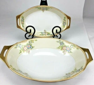 2 längliche Japan Servierschalen Goldrand rosa blaue Blumen - Bild 1 von 6