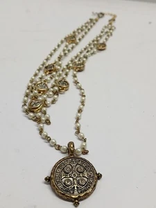 TWO TONE ST BENEDICT Beaded Necklace & PENDANT FROM ROME ITALY  - Picture 1 of 7