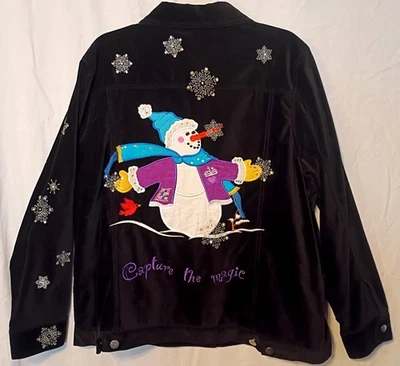 Quacker Factory Black Velvet Y2K Holiday Snowman & Snowflakes Jacket Size LARGE - Image 1 of 4