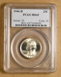 1946 D Washington Silver Quarter PCGS MS65 - Bild 1 von 2