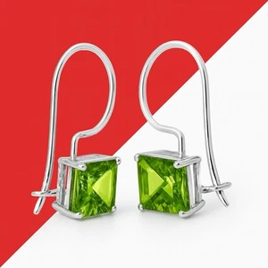 925 Silver 7mm Princess Cut Peridot 2.0 Ct CZ French Wire Dangle Studs Earrings - Picture 1 of 24