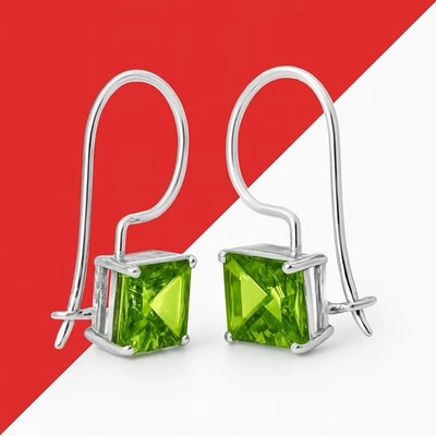 925 Silver 7mm Princess Cut Peridot 2.0 Ct CZ French Wire Dangle Studs Earrings - Image 1 of 4