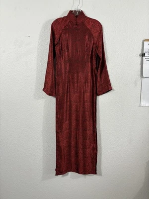 Cheongsam Qipao Dress Womens Small Red Mandarin Collar Maxi Side Slits - Image 1 of 4