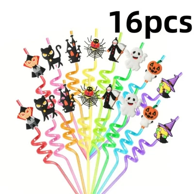 16pc Halloween Spiral Design Straws Witch Pumpkin Skull Vampire Black Cat Spider — 第 1/4 张图片