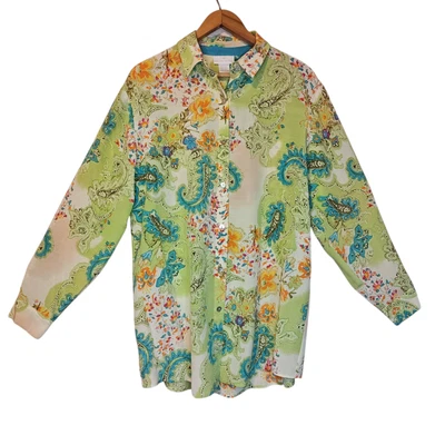 Soft Surroundings Silk Blouse Womens Medium Green Floral Paisley Button Up Shirt - Image 1 of 4