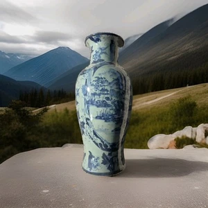 Vaso Chinoiserie Palazzo Vaso da Terra, Urna Celadon Blu e Grigio Alto 15", - Foto 1 di 8