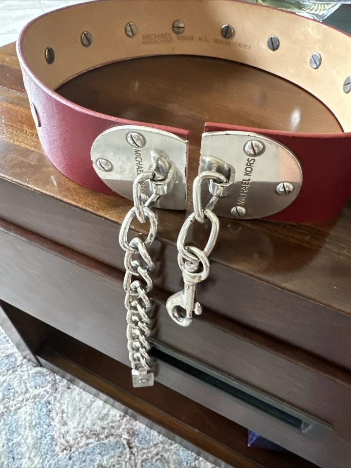 Michael Kors Vintage Red  Leather  Belt With Silver Gromets  Chain Closure S/M - Image 1 of 4