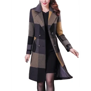 Winter Fashion Plaid Trench Coat Mid Long Double Breasted Warm Casual Pea Jacket - Picture 1 of 15