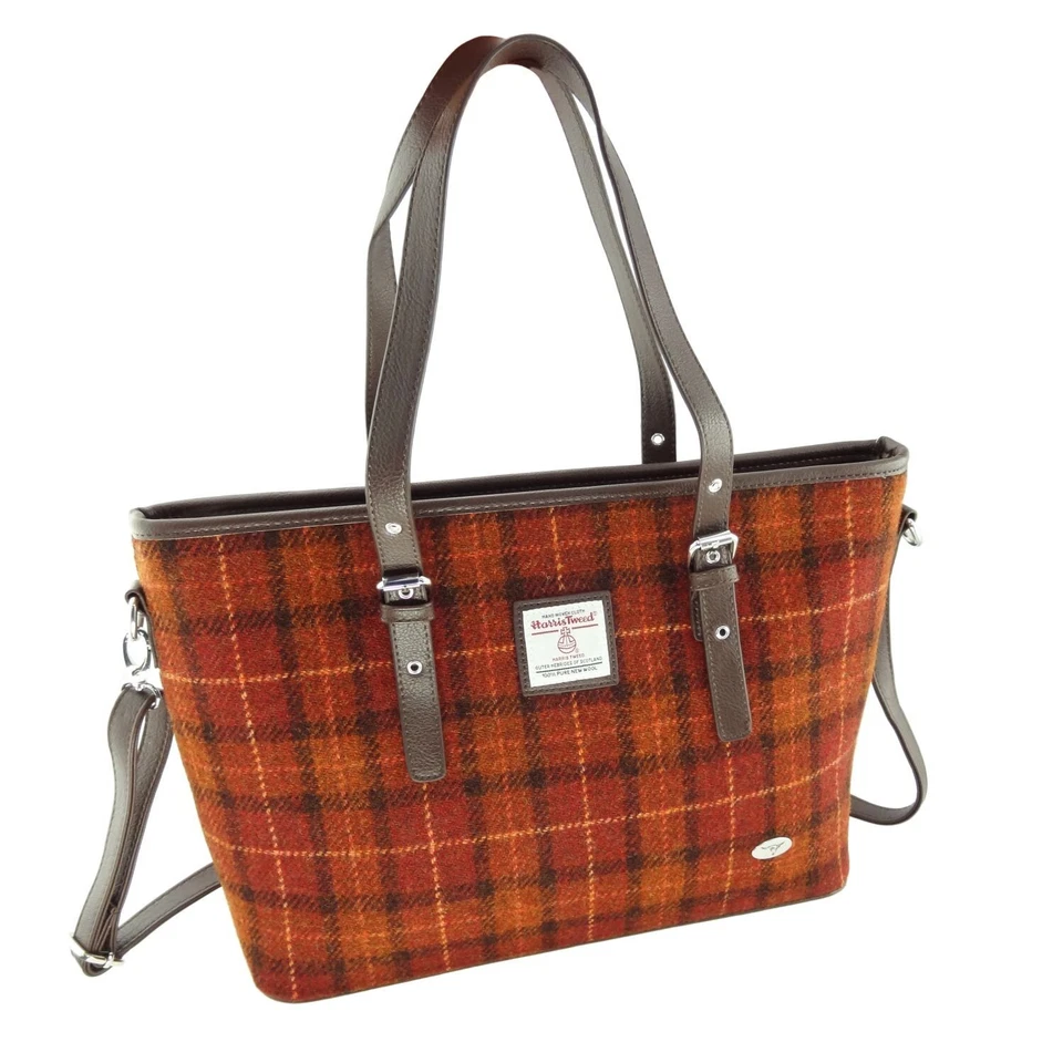 Ladies Authentic Harris Tweed Tote Bag With Shoulder Strap Rust Orange Check - Image 1 of 1