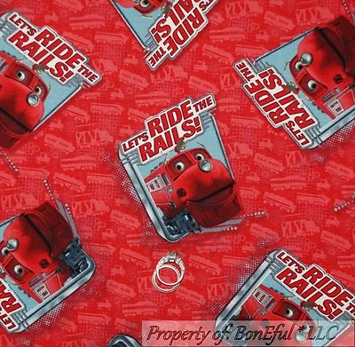 BonEful Fabric FQ Cotton Quilt Red Chuggington Train Ride BOY Disney Movie Decor - Image 1 of 4