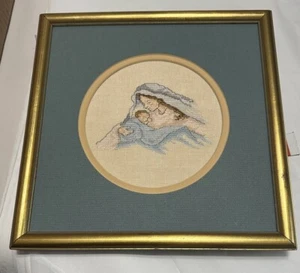 Framed Cross Stitch Madonna and Child Mother And Child Vintage Religious Holy - Picture 1 of 5