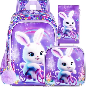 3PCS Girls Rabbit Bookbag, 16" Kids Backpackwith Lunch Box, Water Resistant Scho - Picture 1 of 12