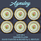 AYNSLEY 6 DINNER CABINET PLATES HAND PAINTED CABBAGE ROSE SIGNED G. BENTLEY